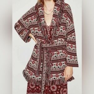 Zara Burgundy, Cream and Black Patterned Fringe Knit Cardigan